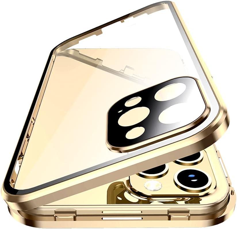 HENGHUI Lockable Case Compatible with iPhone 14 Pro Max Magnetic Glass Case with Camera Lens Protector Screen Protector Safety Lock 360 Full Body Glass Clear Bumper Cover (Gold)
