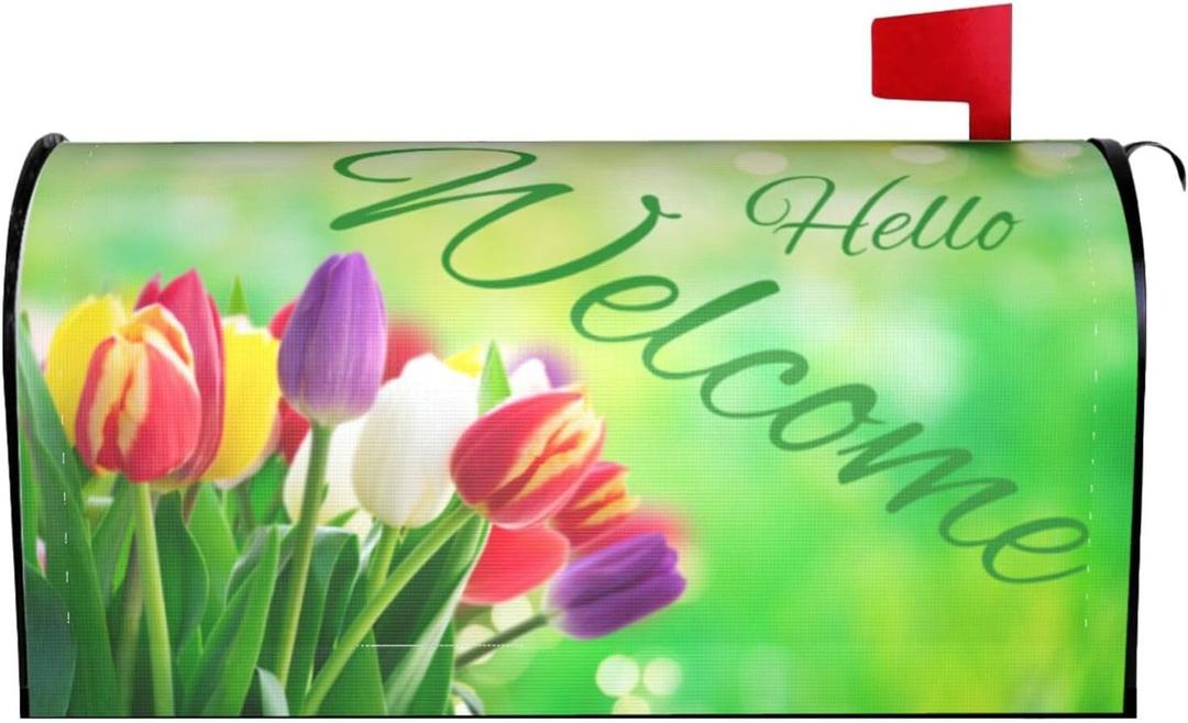2 x Spring Colourful Tulip Flowers Waterproof Mail Cover Magnetic Mailbox Wraps Bright Flowers Post Letter Box Cover for Garden Home Decor 21x18 in