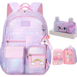 Girls Backpack, School Backpacks Rainbow,Kawaii Kids Backpack,Book Bag for Elementary Primary School With Pen Bag (Purple)
