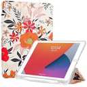 ProtUTab Case Compatible with iPad 10.2 Case 2021/ 2020/ 2019, Auto Wake&Sleep Slim Trifold Stand Case Compatible with iPad 7th/ 8th/ 9th Gen Case with Pencil Holder, Lightweight TPU, Flora