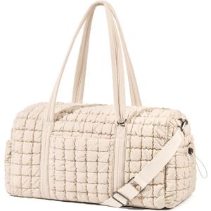 Quilted Travel Duffle Bag for Women Medium Weekender Bag Puffer Overnight Bag Large Soft Puffy Duffel Bag Carry-On Gym Bag Lightweight Personal Item Travel Bag for Trips Business Sport Airplane (Beige)