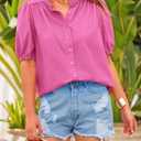 PRETTYGARDEN Women's 2026 Summer Button Down Shirts Short Lantern Sleeve V Neck Cotton Cute Tops Dressy Casual Blouses (M)