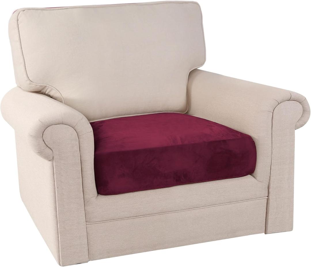 PrinceDeco Stretch Velvet Couch Cushion Cover, Soft Cushion Slipcover for Chair Cushion Furniture Protector Seat Cushion Sofa Cover Width Up to 29.5", Burgundy