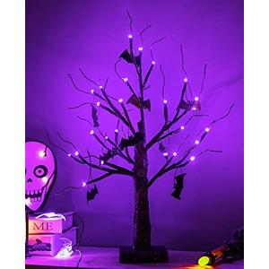 ZHOUDUIDUI Halloween Tree, Black Spooky Tree with 24LED Purple Lights and 10 Bat Ornaments Battery Powered 18IN Lighted Halloween Bonsai Tree for Indoor Tabletop Halloween Party Decoration