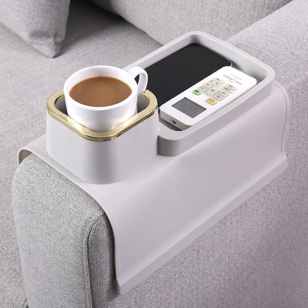 HMASYO Couch Cup Holder Tray  Weighted Silicone Sofa Armrest Organizer Table with Anti-Spill Coaster, Easy Reach for Drink, Snacks, Remote & Phone, Non-Slip Base, Easy Clean (Beige Grey)
