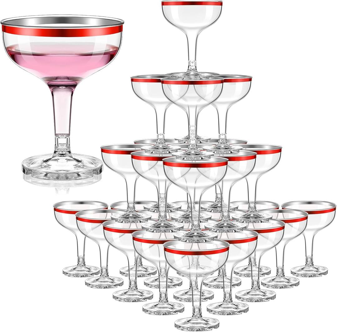 Zopeal 50 Pcs Valentines Plastic Martini Glasses Bulk 5 oz Red Disposable Margarita Cocktail Champagne Tower Coupe Glasses Unbreakable Stackable Wine Cups with Stem for Wedding Party Favors