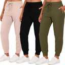 Real Essentials 3 Pack: Women's Ultra-Soft & Warm Fleece Joggers Sweatpants with Pocket (XXL)
