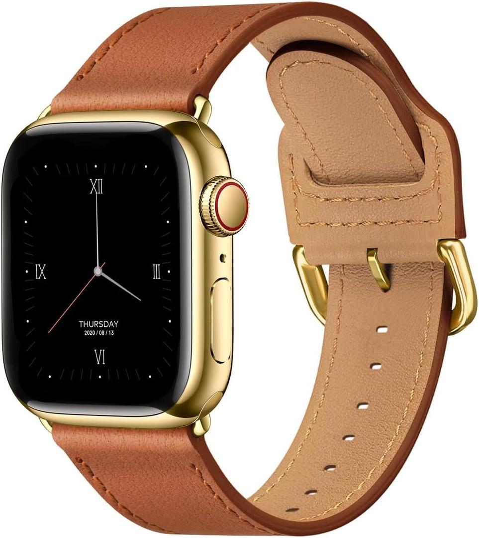 POWER PRIMACY Leather Bands Compatible with Apple Watch Band 38mm 40mm 41mm 42mm-Series 11/10,Genuine Leather Strap Compatible for Women Men iWatch SE Series 11 10 9 8 7 6 5 4 3 2 1(Brown/Gold)