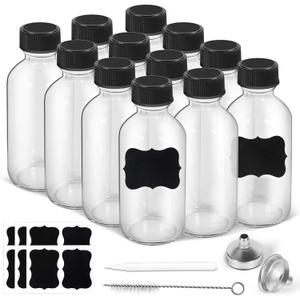 2oz Small Clear Glass Bottles with Lids, 2 Stainless Steel Funnel, 12 Labels, 1 Chalk Marker, 1 Brush - Reusable Boston Bottle for Juice, Ginger Shot, Wellness, Oils, Liquids, Leakproof Travel Bottle