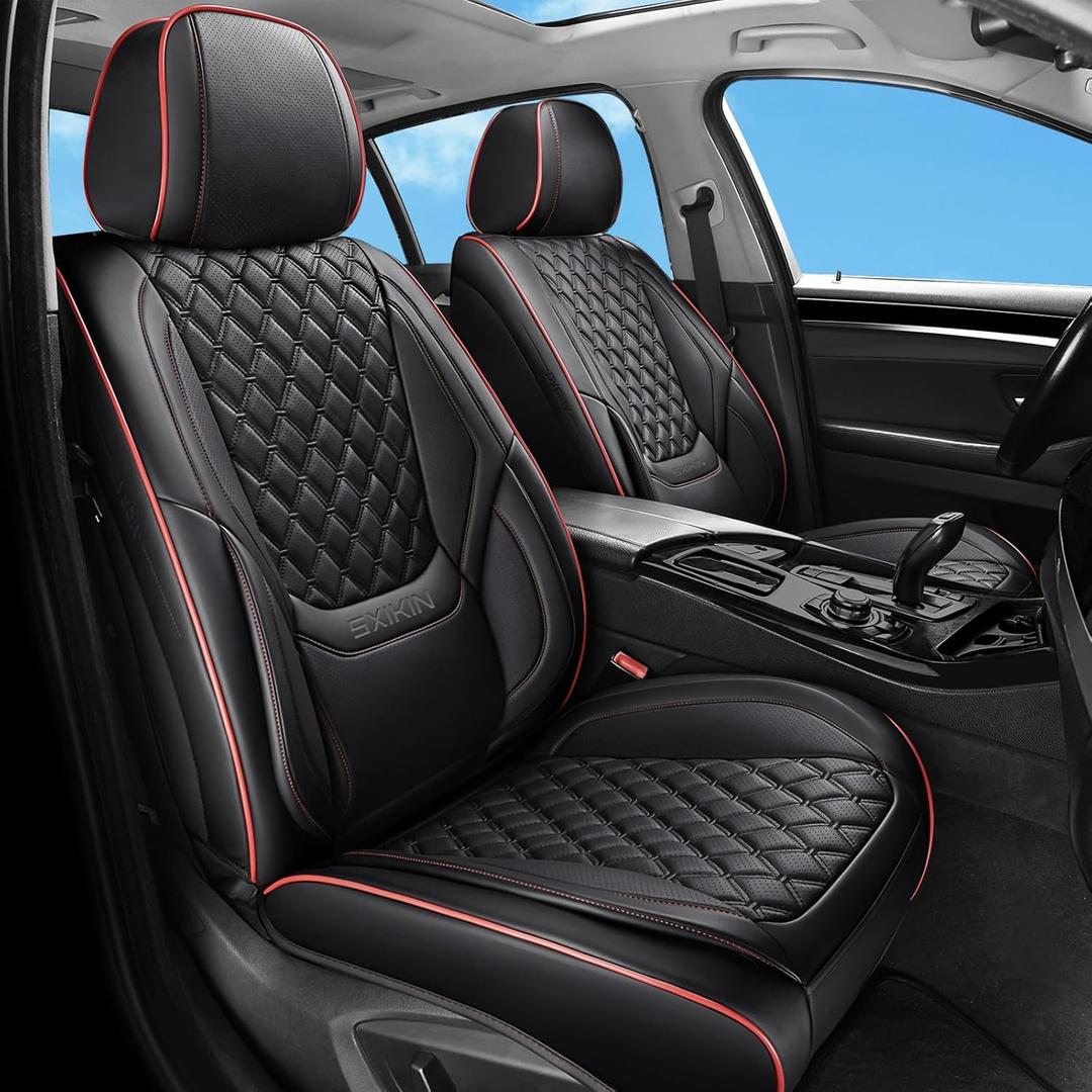 Car Seat Covers Full Set, Luxury Faux Leather Car Seat Covers Waterproof Non-Slip Seat Protector Universal Fit for Most Cars SUVs Trucks Pick-ups,Black Red Car Accessories Interior