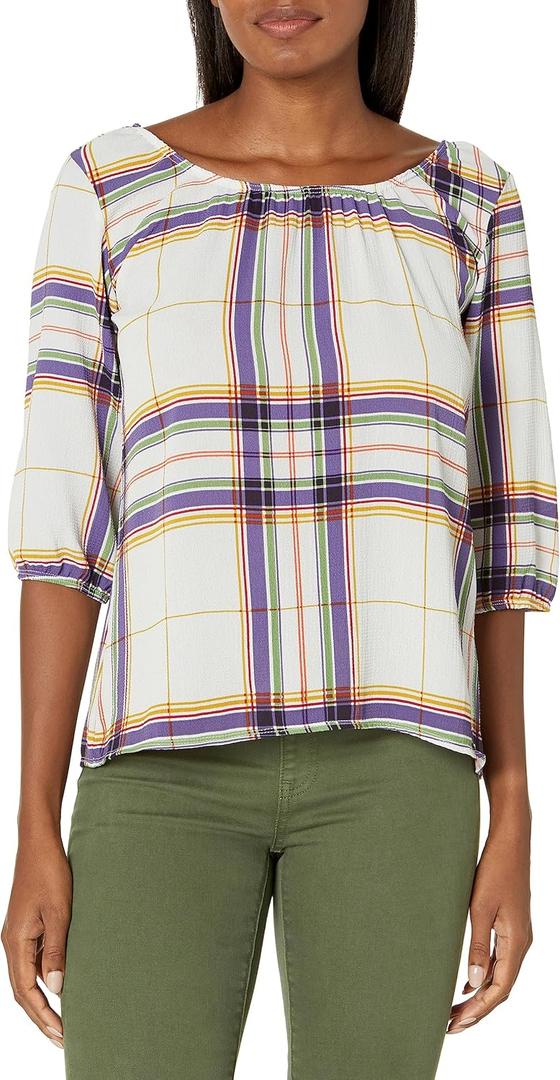 Star Vixen Women's 3/4 Sleeve Peasant Elastic-Hem Top (Large, Pale Blue/ Violet)