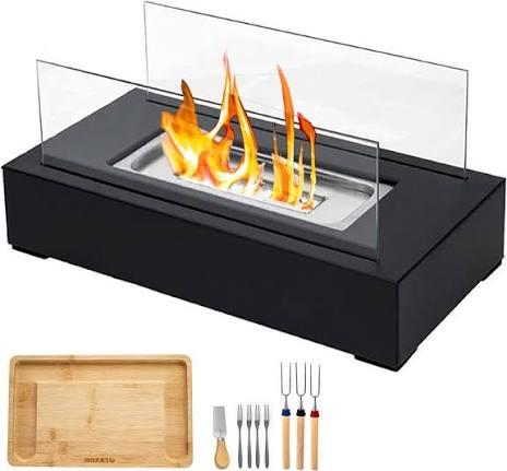 Rozato Tabletop Fire Pit with Smores Kits, Bamboo Smores Box,  Black Powder Coated Steel Base - Tempered Glass Panels - Tabletop Fireplace - Stainless-Steel Burner with Ceramic Wool Wick - Indoor Tabletop Firepit