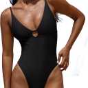 LASLULU Women's Sexy One Piece Swimsuits V Neck Padded Bathing Suit Modest Front Cutout Open Back Slimming Swimsuit (Black, S)