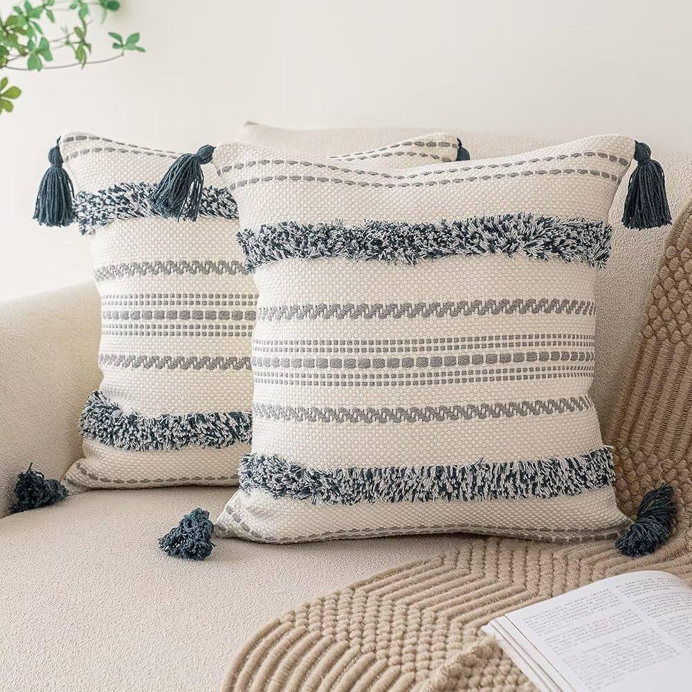 Boho Throw Pillow Covers 18.5 In Set of 2 Woven Tufted Farmhouse Pillows Cover with Tassels Textured Striped Cushion Case Neutral Pillow Cases Decorative Pillowcase for Sofa, Bed, Dark Blue