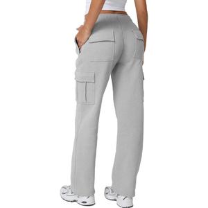 QINSEN Baggy Medium Waist Elastic Sweatpants for Womens Casual Long Fleece Cargo Pants with Pockets, M, Gray