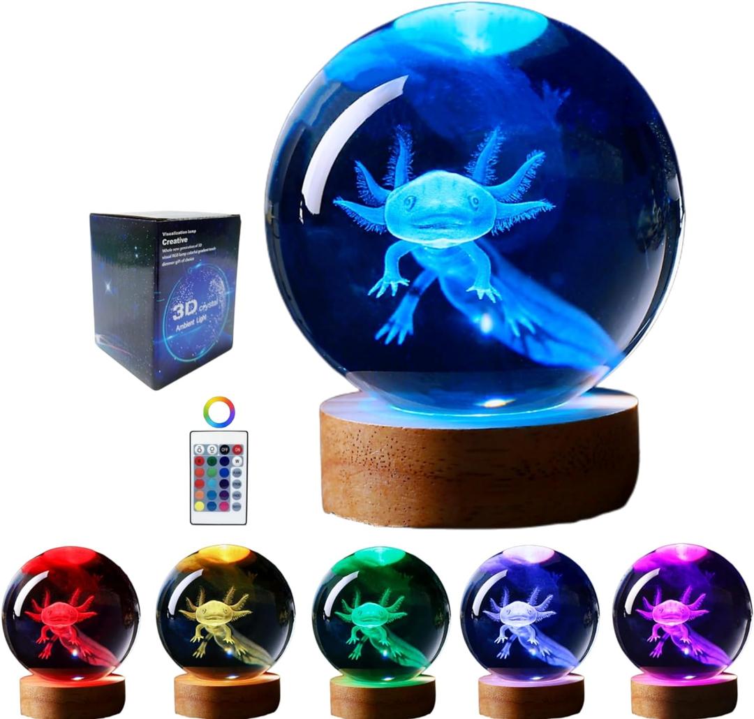 axolotl Lamp,3.15 inch 3D K9 Crystal Ball Axolotl Night Light With Wooden Base, 16 Colors Change, Remote Control, Color Box, Birthday Christmas axolotl Gift