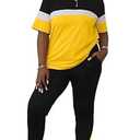 LovelyWholesale Plus Size 2 Piece Outfits for Women Color Block Tracksuit Short Sleeve Top and Pants Set Yellow, 4X-Large