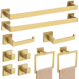 23.6Inch Brushed Gold Towel Bar Set, 10 Pieces Bathroom Accessories Set, SUS304 Stainless Steel Towel Racks Toilet Paper Holder Set for Bathroom Wall Mounted