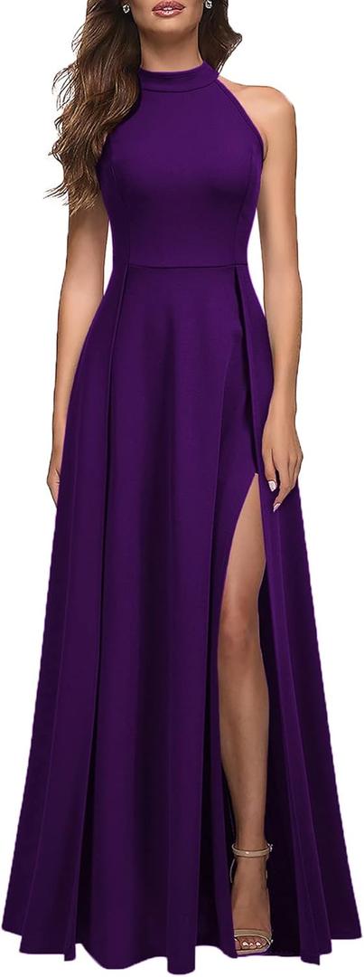 MUSHARE Women's Halter Neck Sexy Split Cocktail Party Maxi Long Formal Dress (Medium, Purple)