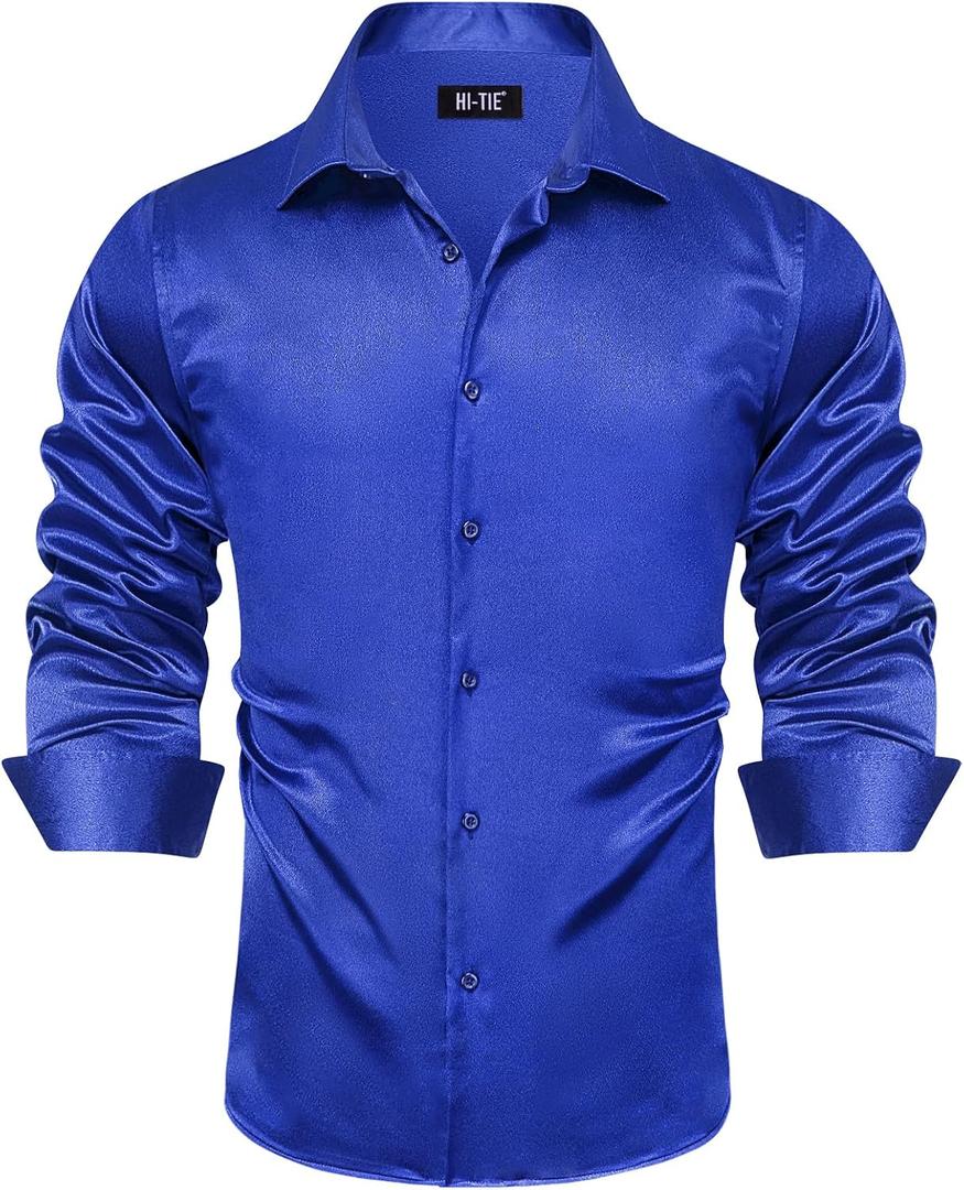 Hi-Tie Mens Satin Dress Shirt Long Sleeve Button Up Casual Luxrury Silk Shiny Prom Party Shirt (Blue, XL)