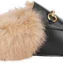 Arqa Fur Mules for Women Comfortable Leather Buckle Mule Flats Furry Padded Backless Loafers Casual Slides Shoes (Black Fur, US 11)