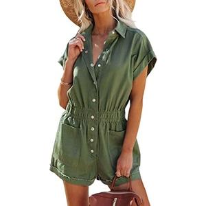 chouyatou Women's Short Cuffed Sleeve Utility Rompers Elastic Waist Button Down Cotton Pocketed Jumpsuit Large