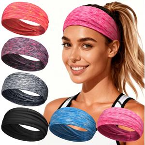 Workout Headbands for Women & Men, 6 Pack Non-Slip Wide Sweatbands - Thick Soft Elastic Hair Bands Accessories for Gym, Yoga, Running and Everyday Fashion (Orange)