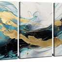 Abstract Teal Canvas Wall Art Bedroom Decor Set of 3 Abstract Gold Line Ink Prints Picture Bathroom Artwork 12x16", Abstract Turquoise Glitter Splash Modern Framed Painting for Living Room Decoration