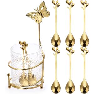 ELLDOO Coffee Spoon Set, Clear Glass Holder with 8 Stainless Steel Gold Leaf Coffee Spoons, Creative Flatware Set for Stirring, Mixing, Sugar, Ice Cream, Cake (8 x Spoons)