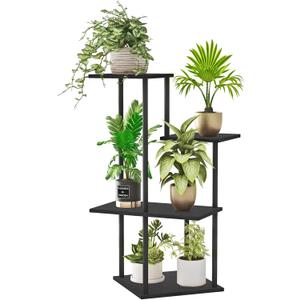 Plant Stand Indoor, 4-Tier Modern Plant Shelf for Multiple Plants, Wood Metal Flower Holder for Living Room Balcony Bedroom, Black
