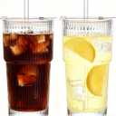 20oz Ribbed Glass Cups with Lids and Straws - 2PCS Glassware Set, Tumbler with Straw and Lid Iced Coffee Cups for Juice, Bubble Tea, Cold Brew, Soda