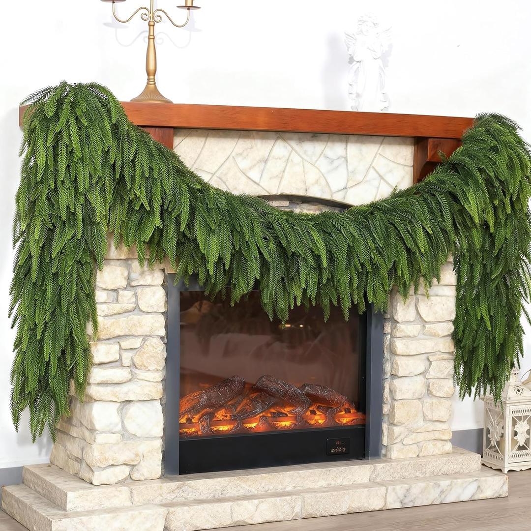 Christmas Norfolk Pine Garlands - 9ft Artificial Garland Faux Green Fake Pine Needles Garland for Fireplace, Table, Window, Stairs, Mante, Holiday Indoor Outdoor Xmas Decor(2PCS)