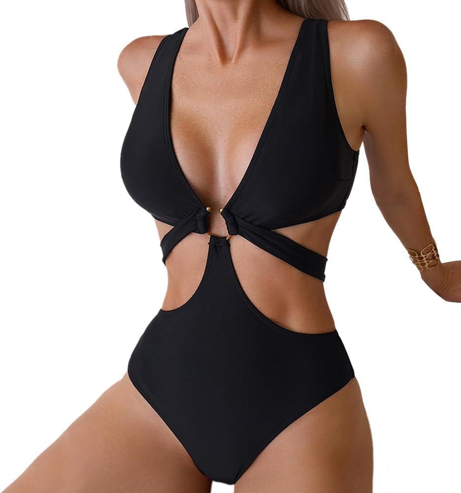 Women's Deep V Neck One Piece Swimsuit O-Ring Swimwear Sexy Cut Out Bathing Suit (Large, Black)