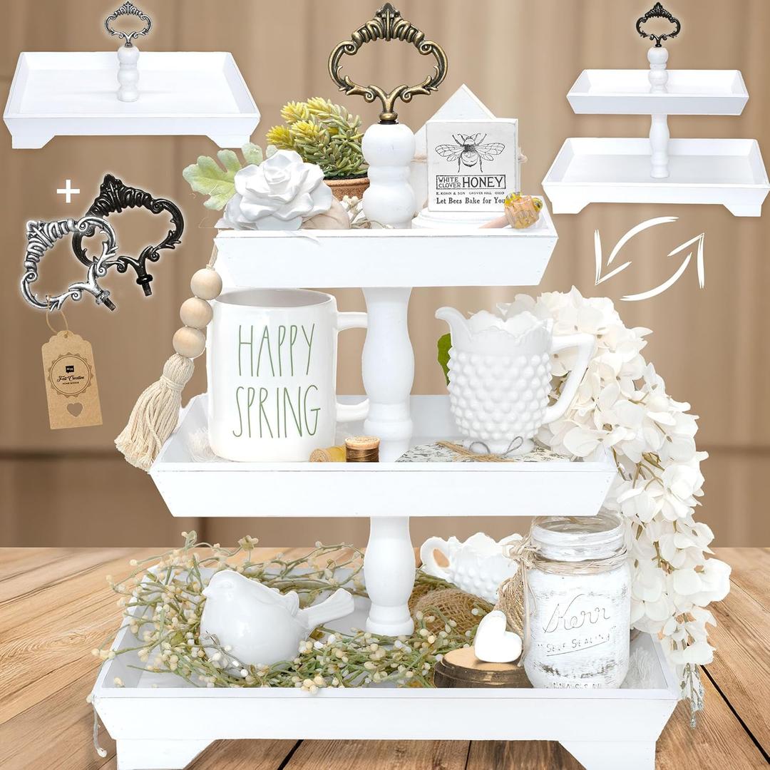 [3 in 1] 3 Tier Serving Tray - Gorgeous Coffee Table Tray (Includes 3 Handles) - Can Assemble into a 1, 2 or 3 Tier Serving Stands - Rectangle Wooden Kitchen Table Centerpiece Felt Creative Home Goods (3-tier White)