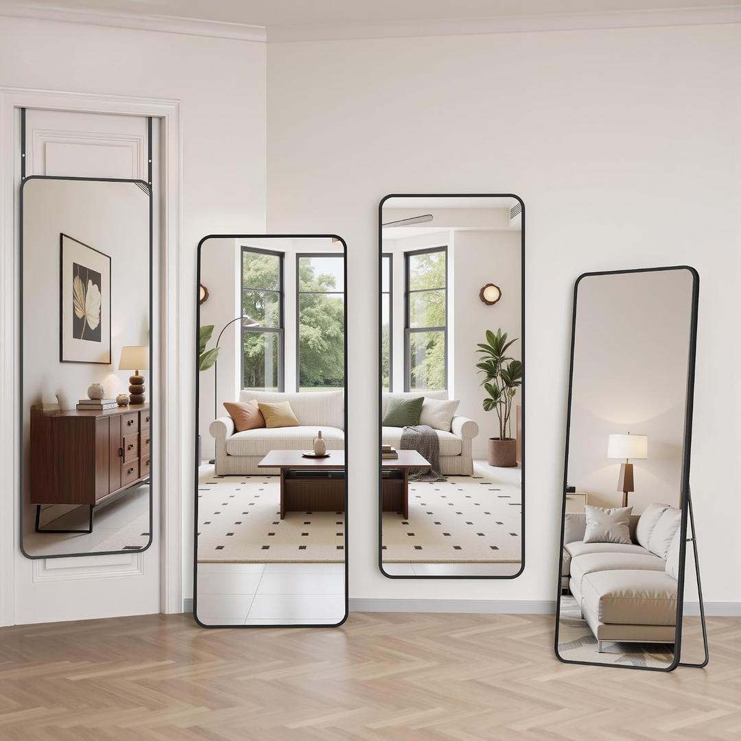 Suidia Full Length Mirror Over the Door&Wall Mounted, 48"x14" Door Mirror with Aluminum Alloy Frame, HD Shatterproof, No-Drill, Hanging Mirrors for Bedroom, Bathroom, Dorm, Closet, Rounded Rect, Black