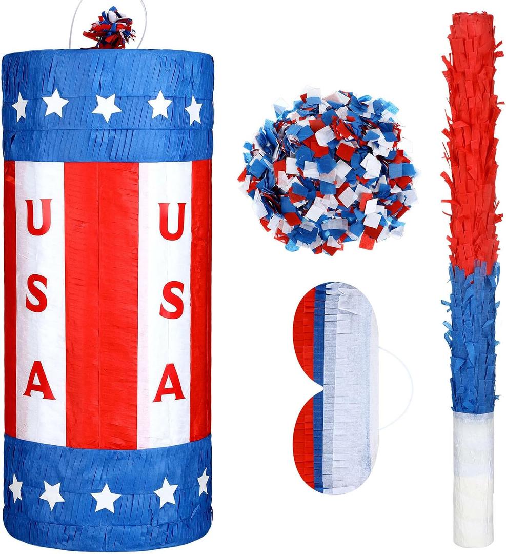 17'' USA Patriotic Firecracker Piata for 250th Anniversary Flag Red White and Blue Birthday Piatas with Stick Blindfold and Confetti for American Adult 4th of July Independence Day Decor