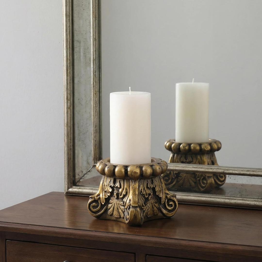 SOFE Ornate Gold Decorative Pillar Stand, Vintage Column Pedestal Stand, 5 Inch Tall Plant Pot Stand Small, Centerpiece Candle Base, Beaded Rim