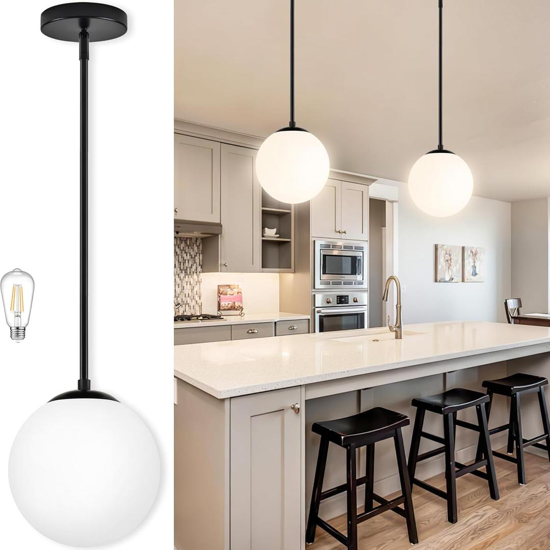 Bagood 10 Inch Globe Pendant Light Contemporary Globe Pendant Lights Black Mid Century Pendant Light Adjustable Hanging Light Fixture Matte Black Finished with Milk Glass Lampshade for Kitchen Island