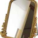 Small Vintage Vanity Makeup Desk Mirror, Antique Traditional Arch Table Mirror in Gold, Decorative Wood Carved Mirror for Living Room Bedroom Tabletop 11.8" x 9.6", Antique Gold