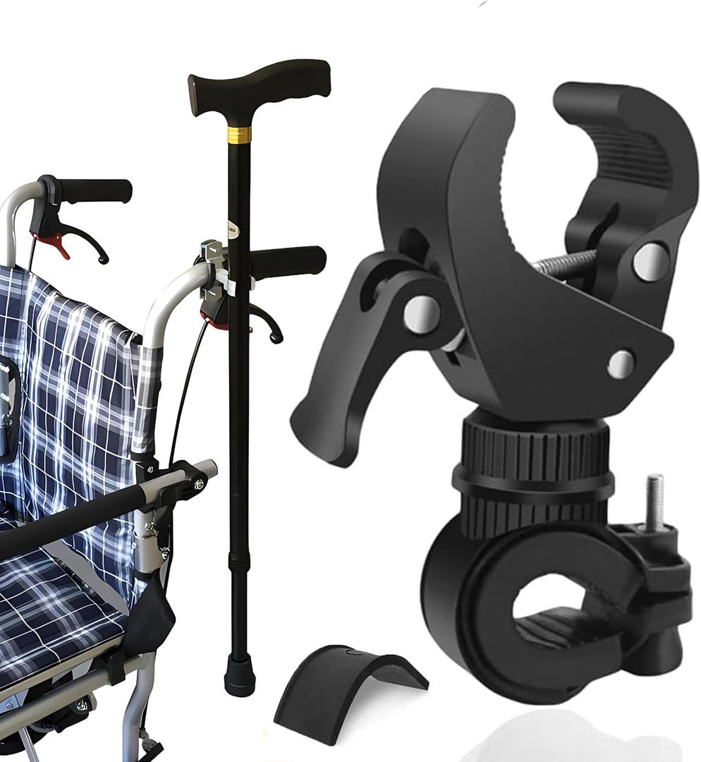 2Pcs Cane Holder for Walker,Wheelchair,Drive Rollator,Universal Crutches Stick Rack Bracket Accessories,360 Rotatable Adjustable Stick Rack,Clamping Diameter 0.8 - 1.38 inches