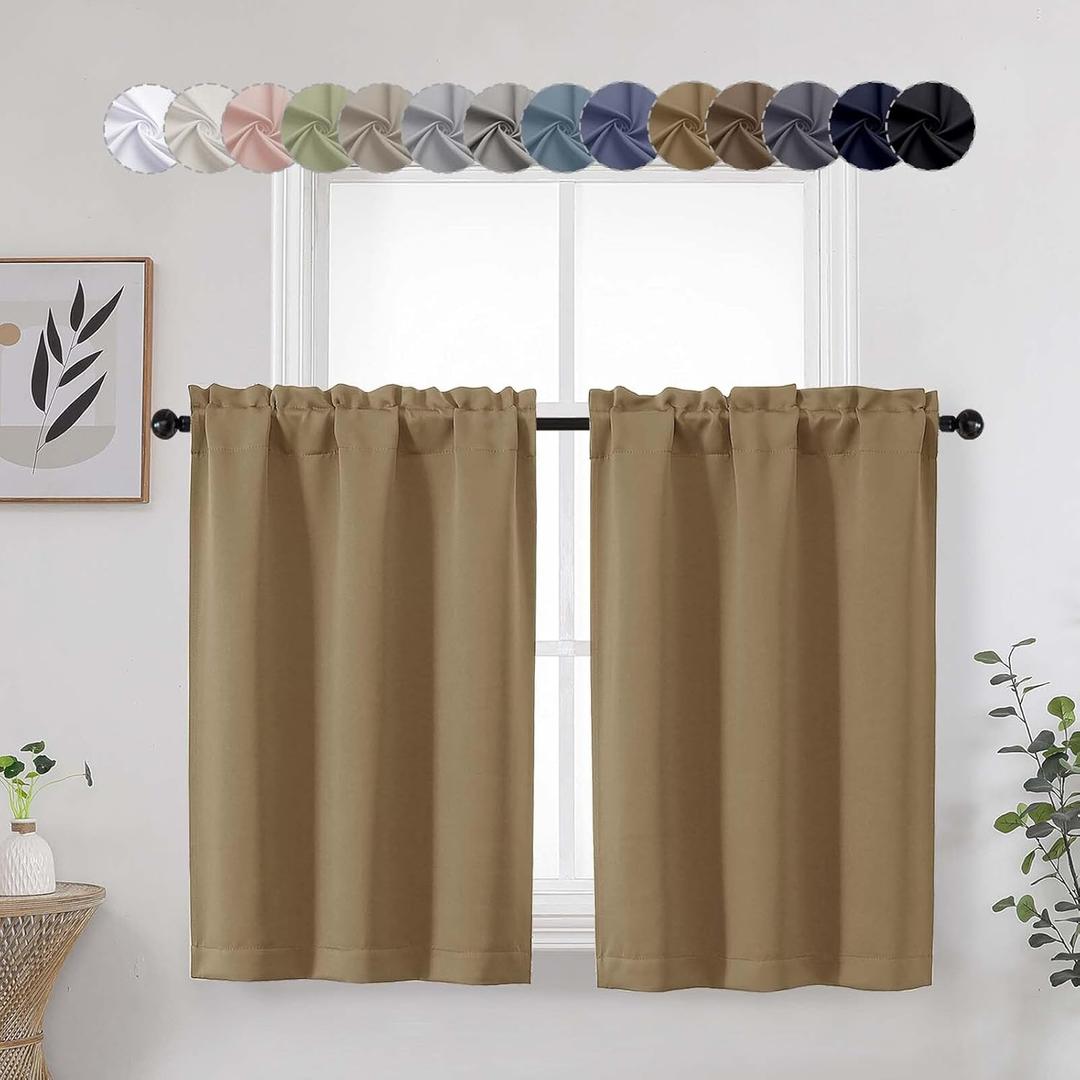Taupe Cafe Blackout Curtains Tier 36 Inch Length 2 Panels, Soft Solid Thermal Insulated Room Darkening Small Kitchen Window Curtains Over Sink for Bathroom Basement, Taupe, Each 30" Wx36 L