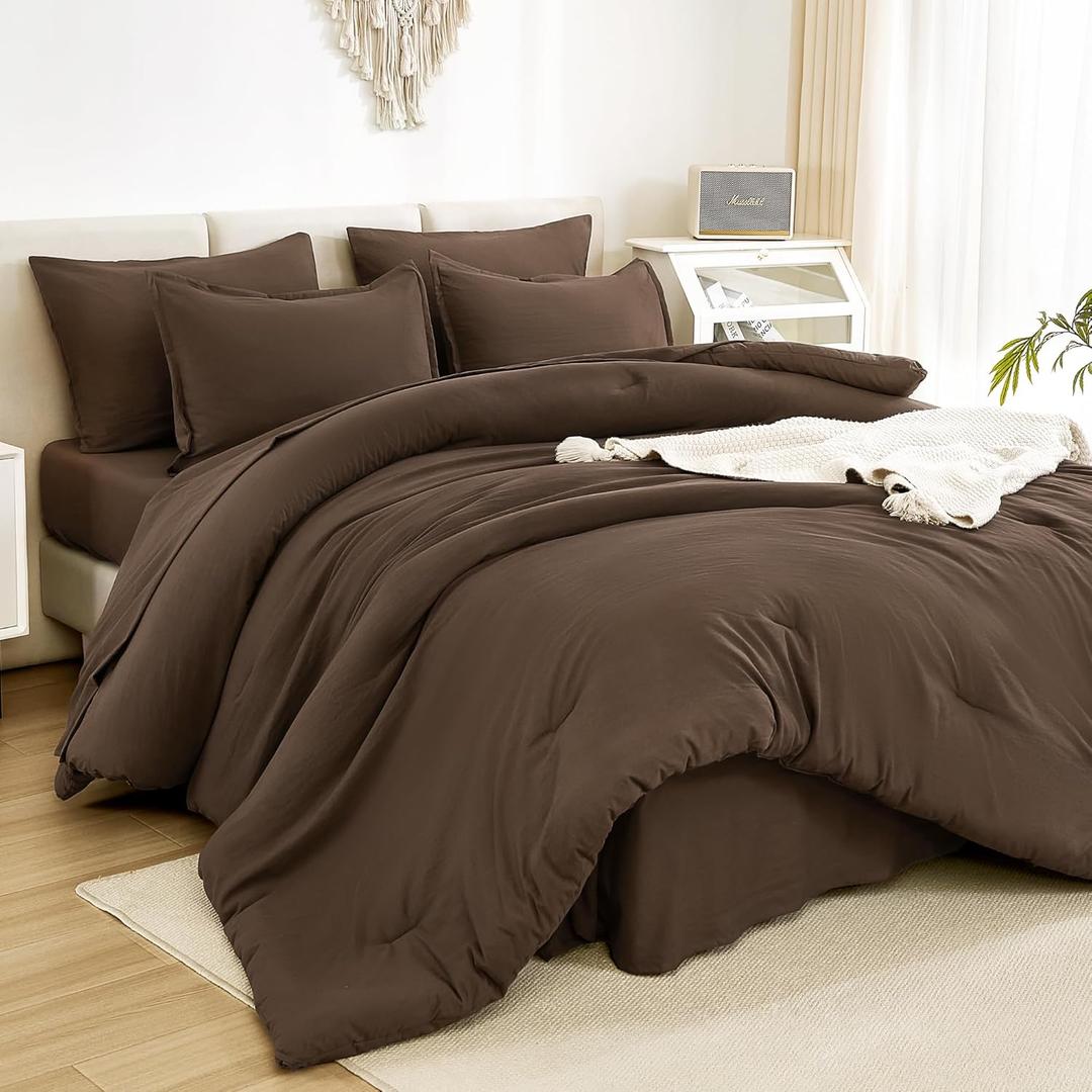 Litanika California King Comforter Set Brown - 7 Pieces Bed in a Bag Cal King Bedding Comforter Sets, Plain Lightweight Bed Set with Comforter, Sheets, Pillowcases & Shams