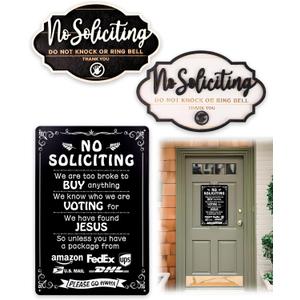 3Pcs No Soliciting Sign for Front Door, Wooden and Metal House Funny Humorous Do Not Knock or Ring Doorbell Sign