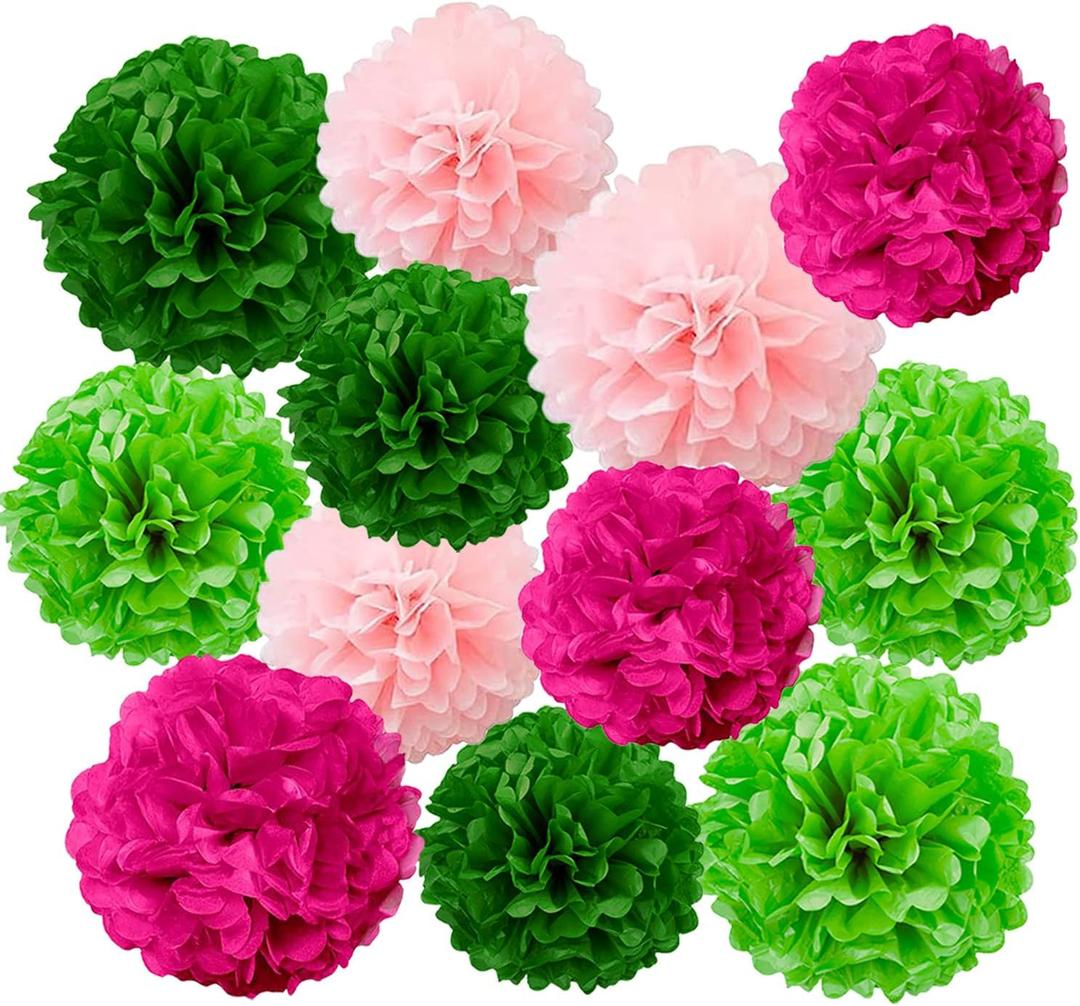 GAKA Pink and Green Tissue Paper Pom Poms, 12Pcs Hanging Pom Poms Flower Ball for Theme Party Birthday Wedding Decorations(10 inch and 12 inch)