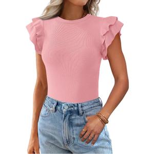 KIRUNDO Summer Sweaters for Women Lightweight 2025 Fall Ruffle Short Sleeve Business Casual Tops Slim Soft Knit T Shirts (S)
