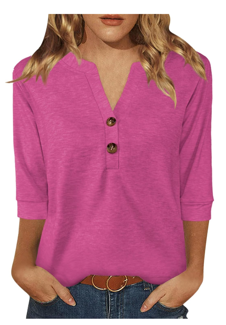 Womens Tops 3/4 Sleeve V Neck Button Down Shirts Business Casual Outfit Basic Tees Summer Top 2025, M