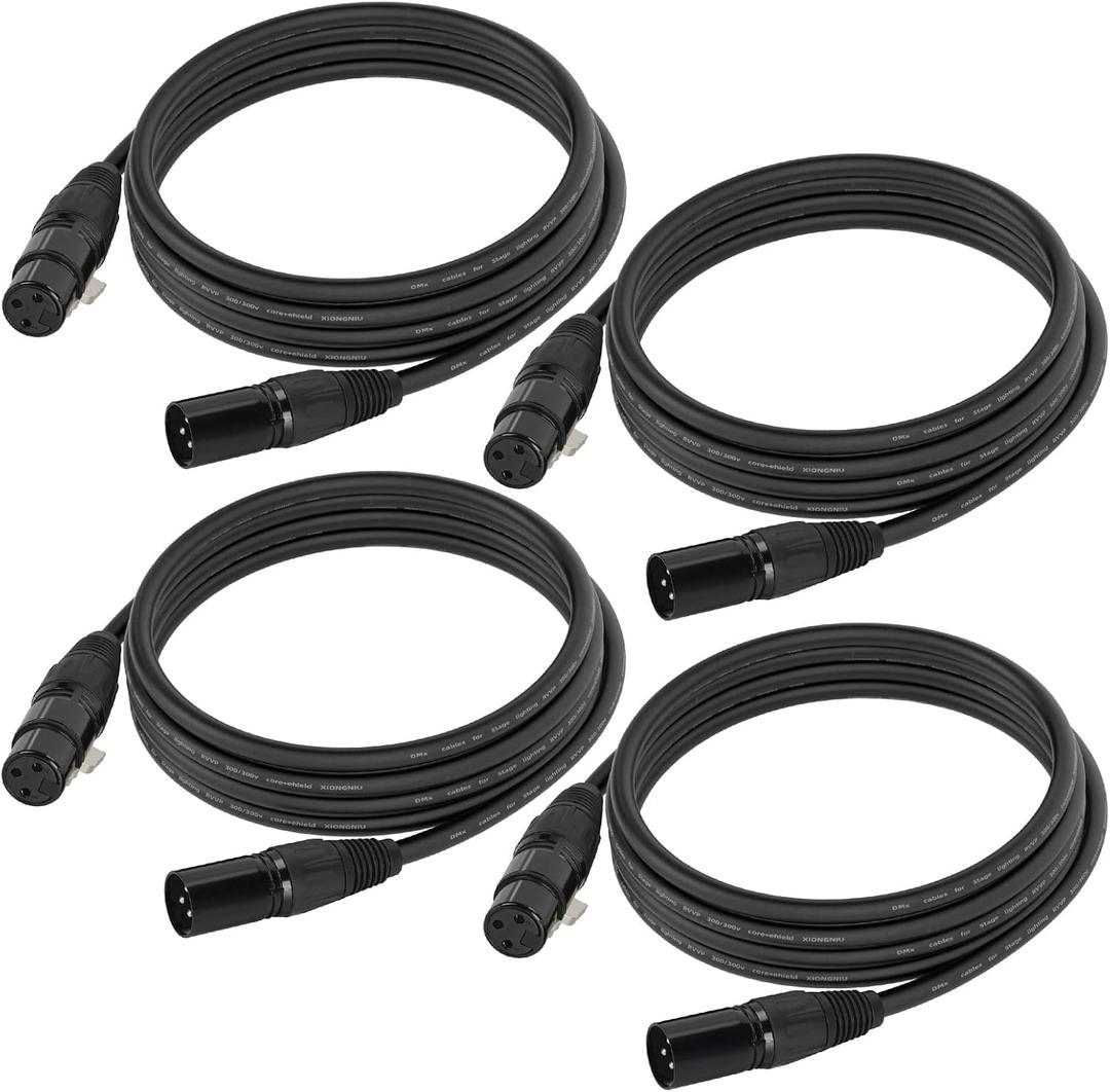 10ft DMX Cable, 4 Pack 3m DMX Light Cables DMX Wires, 3-Pin XLR Male to Female Stage Signal Cable with Metal Connectors for DMX512 Stage & DJ Lighting fixtures