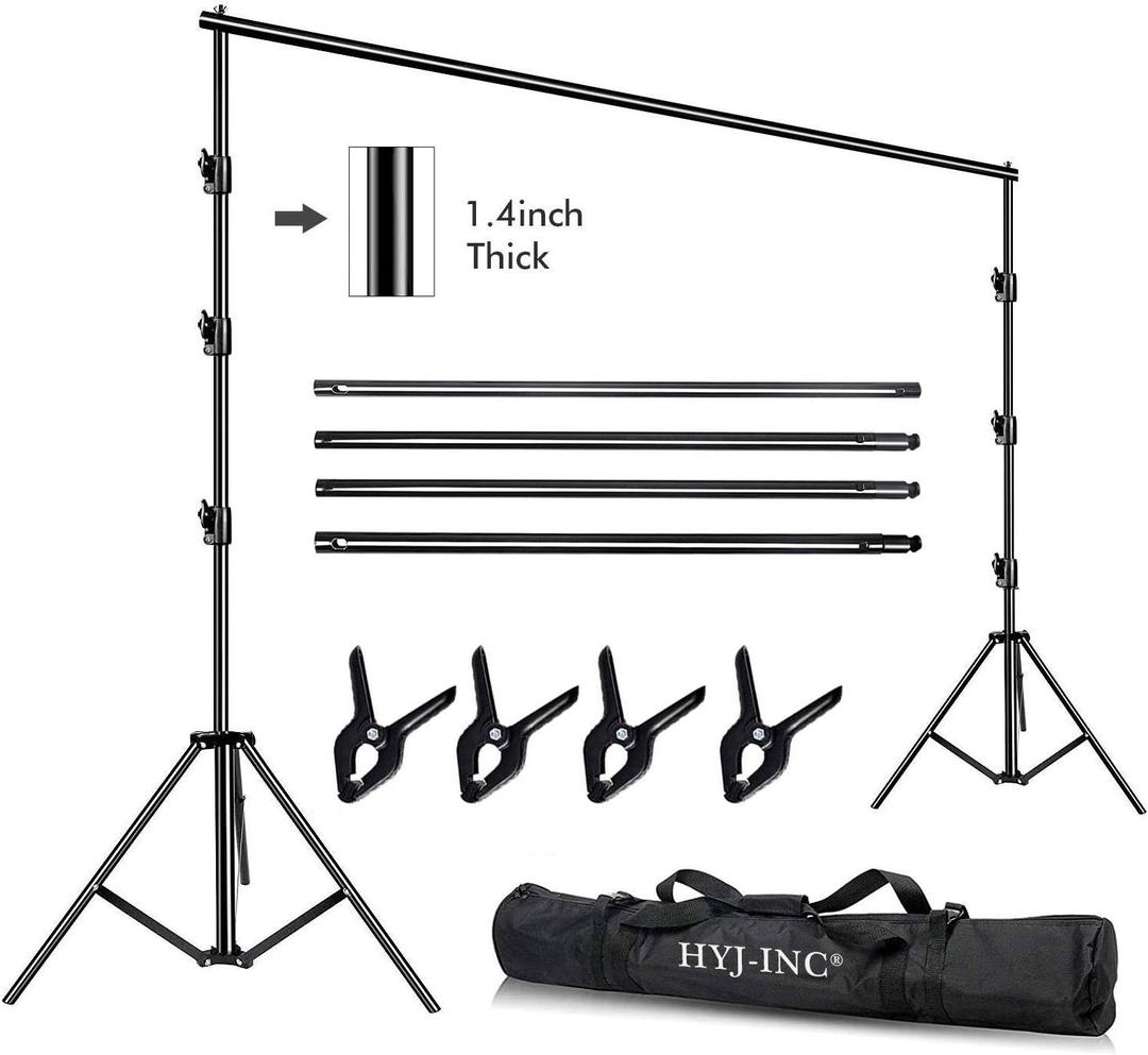 HYJ-INC 10 x 10Ft Photo Video Studio Heavy Duty Adjustable Muslin Backdrop Stand Background Support System Kit for Photography with Carrying Bag4 Pcs Spring Clamps