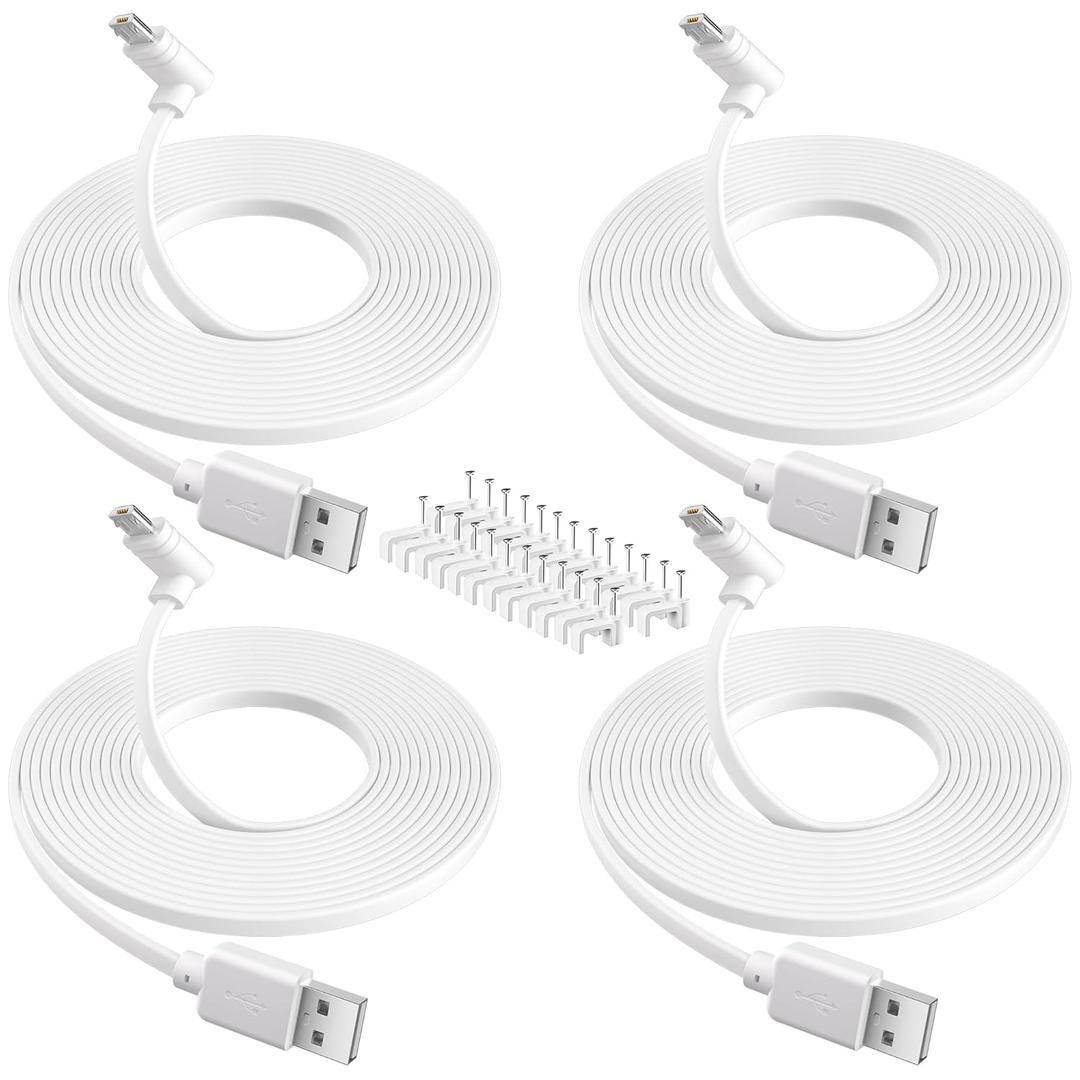 Camera Power Cable 10FT (4-Pack), Compatible with Wyze Cam Pan V3, Arlo Essential, Blink Outdoor (3rd Gen), 90 Degree L-Shape Micro USB Power Extension Charging Cable with 25 Pcs Cable Nails