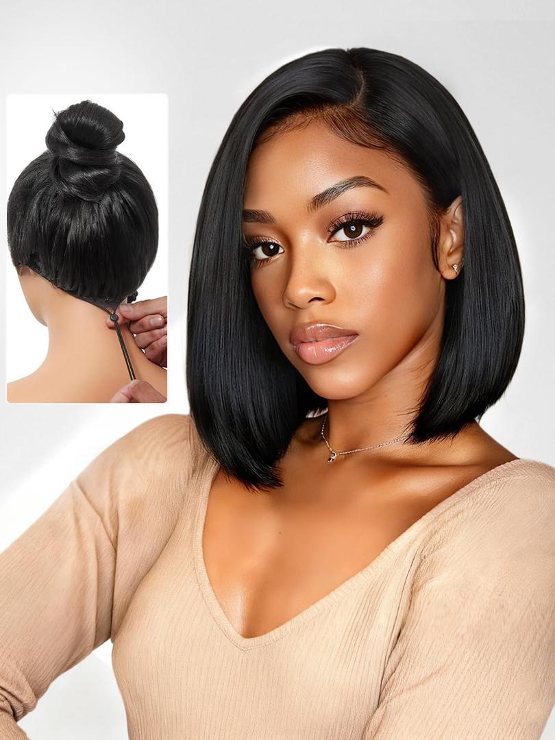 Glueless Bob Wig Human Hair Pre Plucked Pre Cut 6x4 HD Lace Closure Wigs Human Hair 150% Density Wear and Go Short Straight Bob Wigs for Black Women 12 Inch